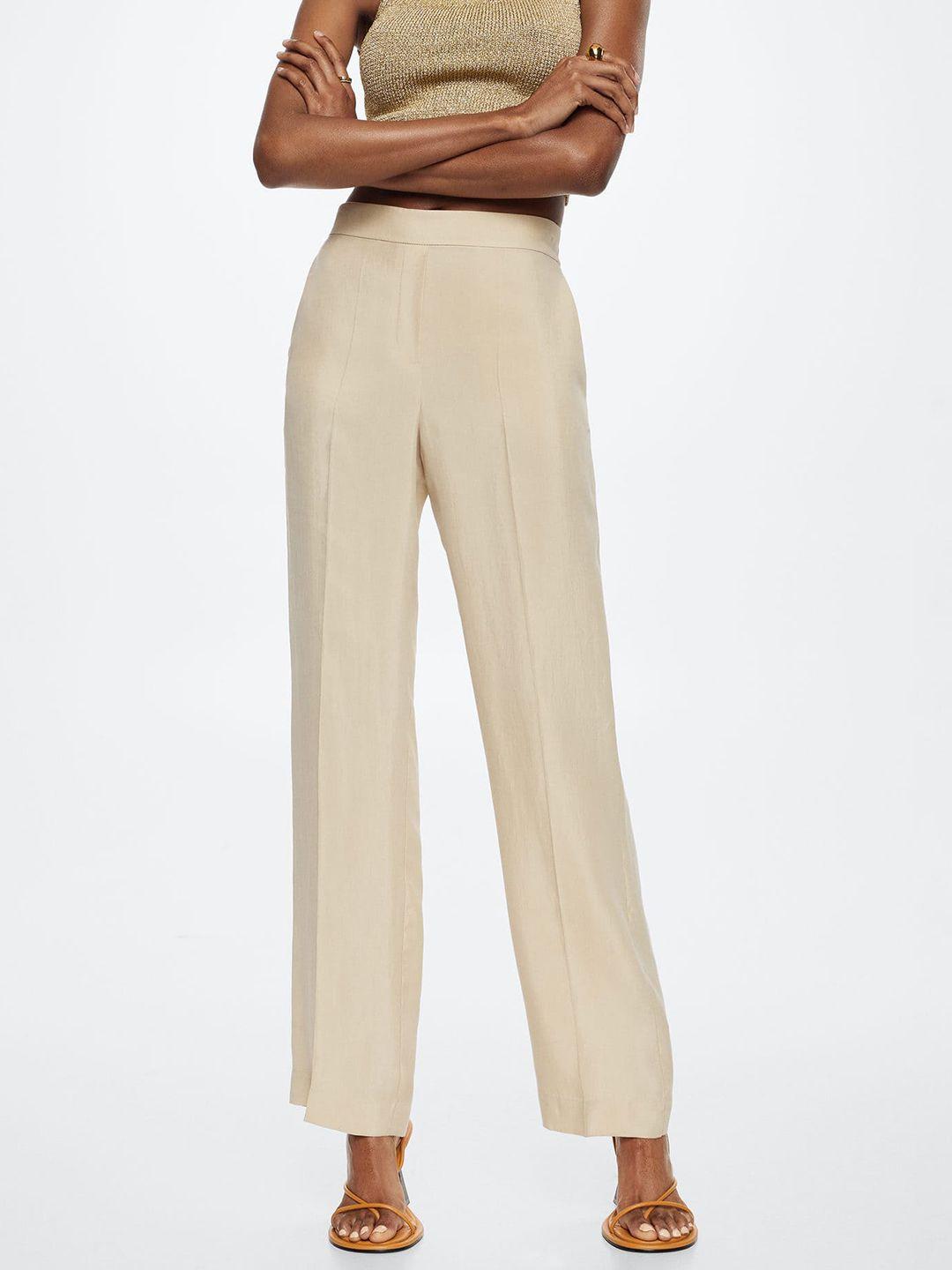 mango women beige solid trousers