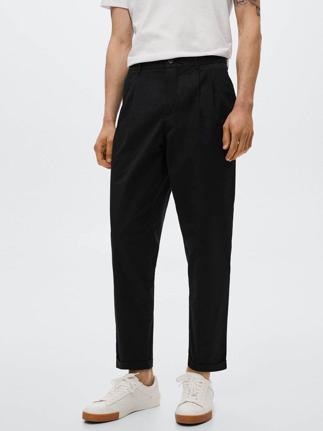 mango man men black solid pleated trousers