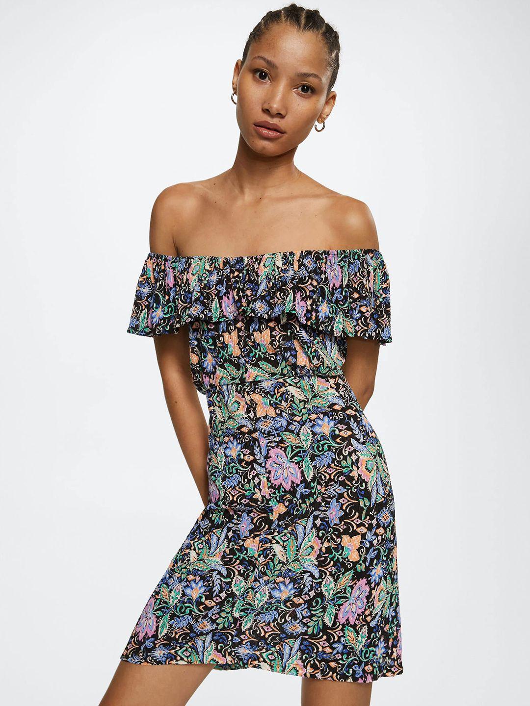 mango black & blue floral off-shoulder sheath dress