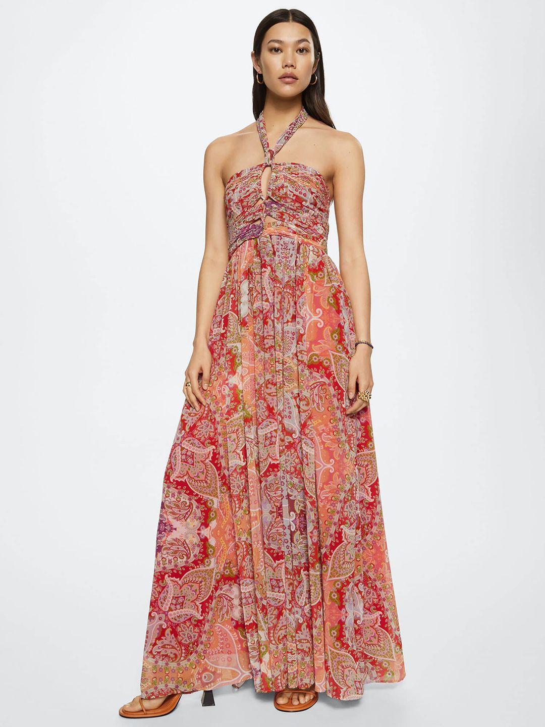 mango red floral halter neck a-line maxi dress