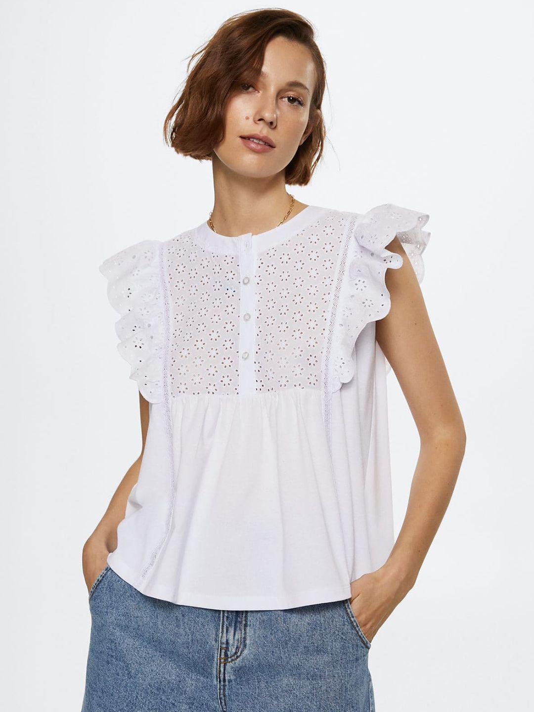 mango white embroidered detail mandarin collar ruffles top