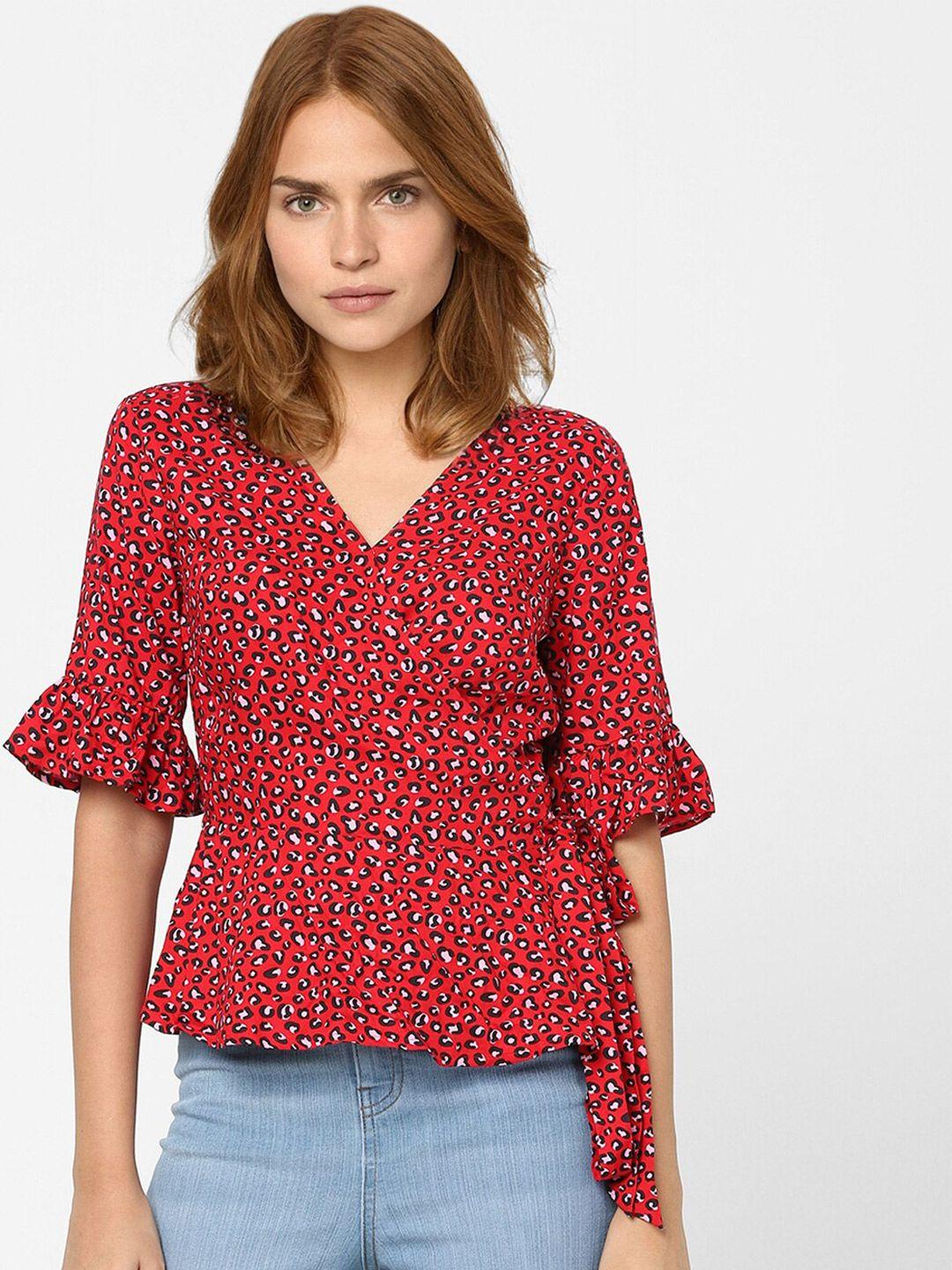 vero moda red & crimson floral print wrap top