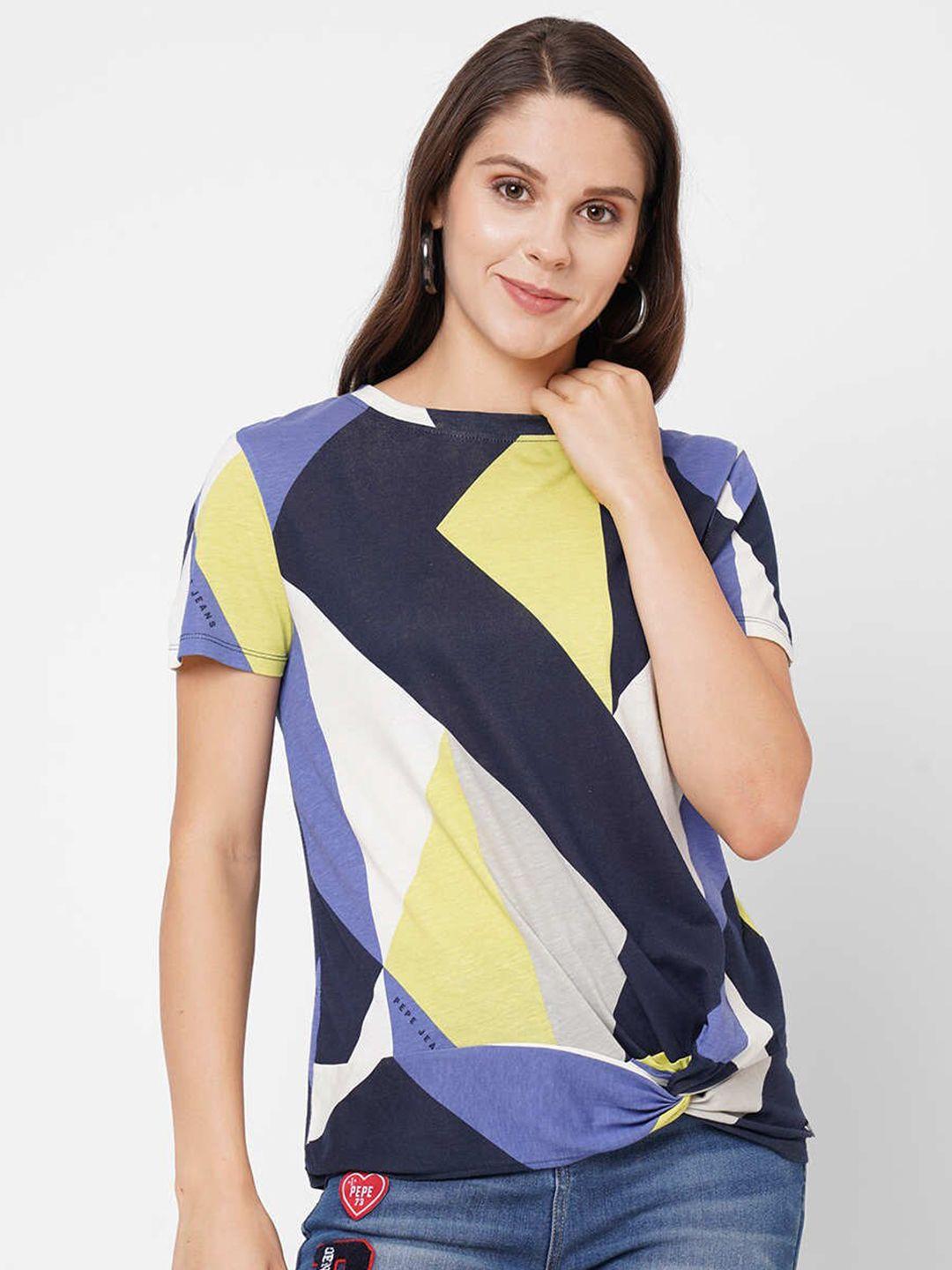 pepe jeans women multicoloured & reflecting pond striped v-neck drop-shoulder sleeves t-shirt