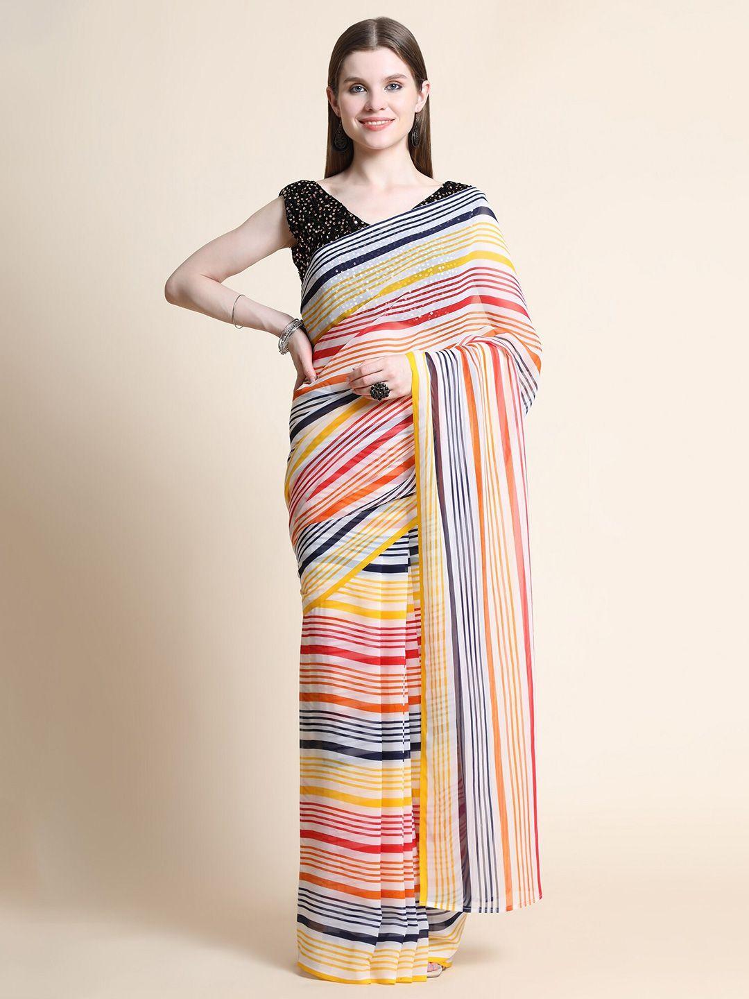 orus yellow & red striped pure georgette saree