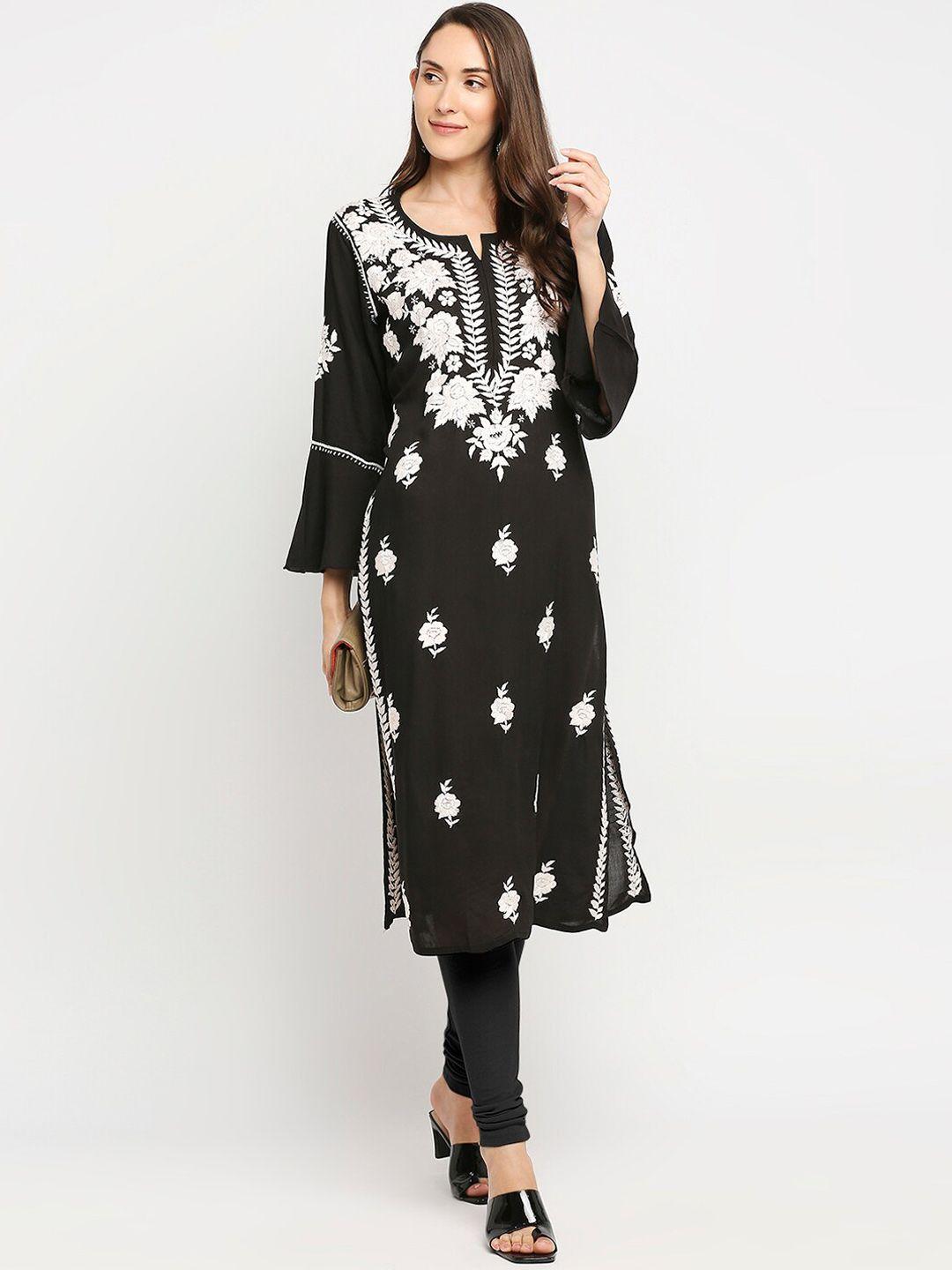 indiankala4u women black yoke design flared sleeves thread work kurta