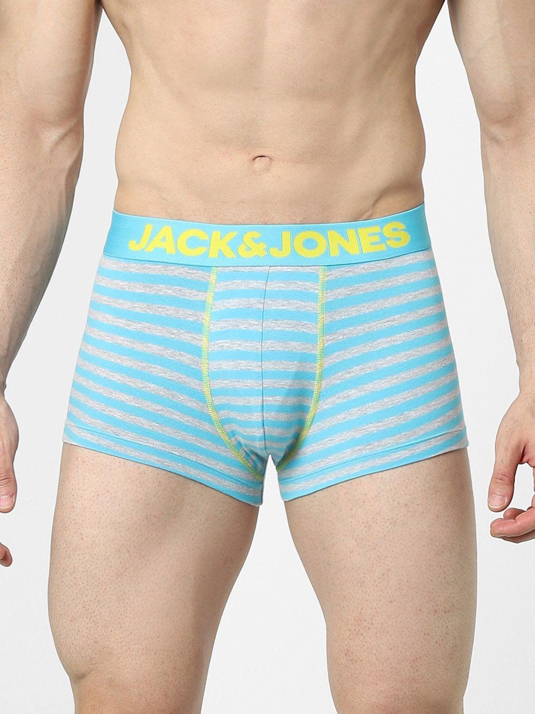 jack & jones men blue & yellow striped cotton trunk