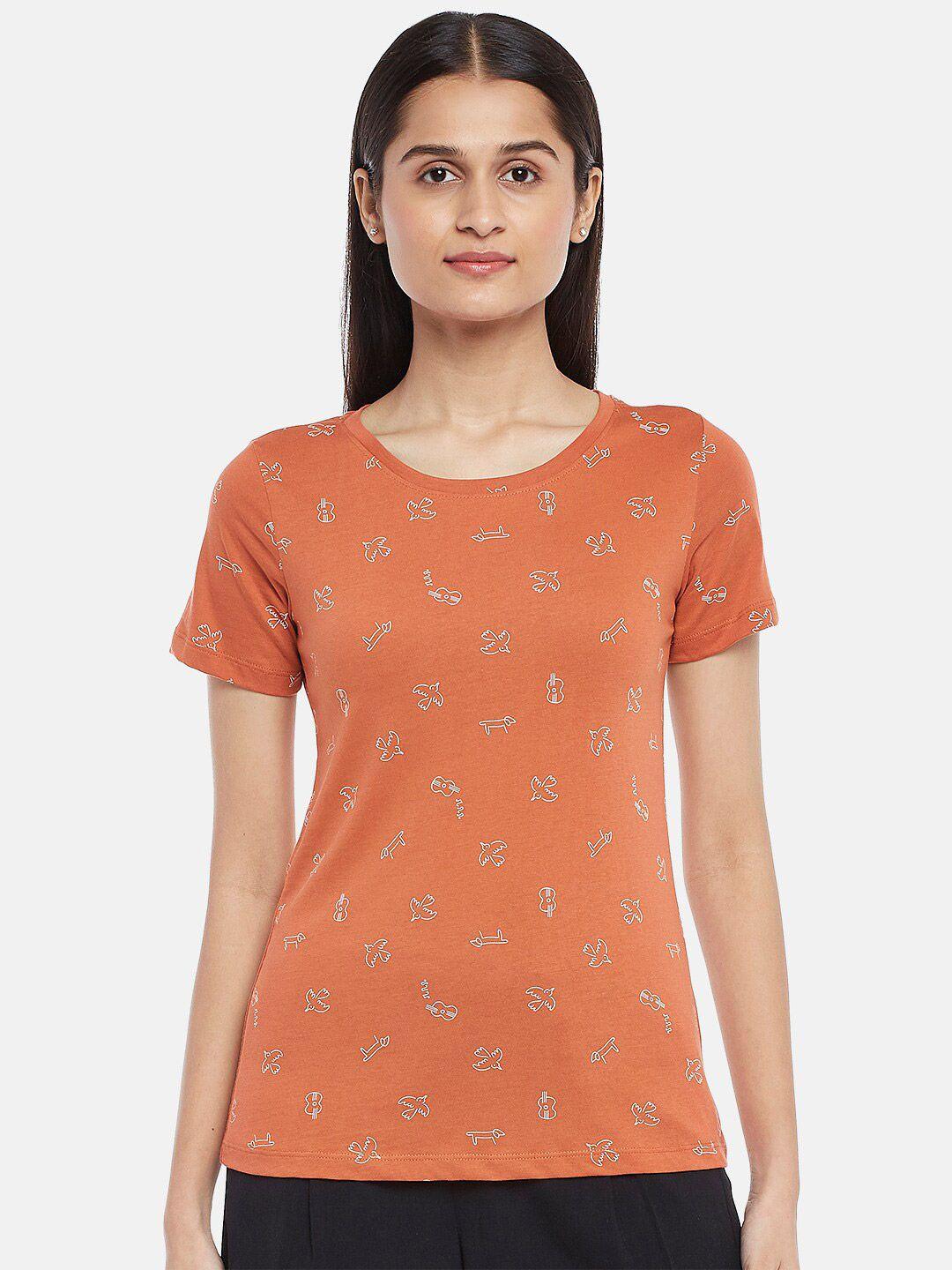 honey by pantaloons women rust & burnt sienna printed drop-shoulder sleeves t-shirt