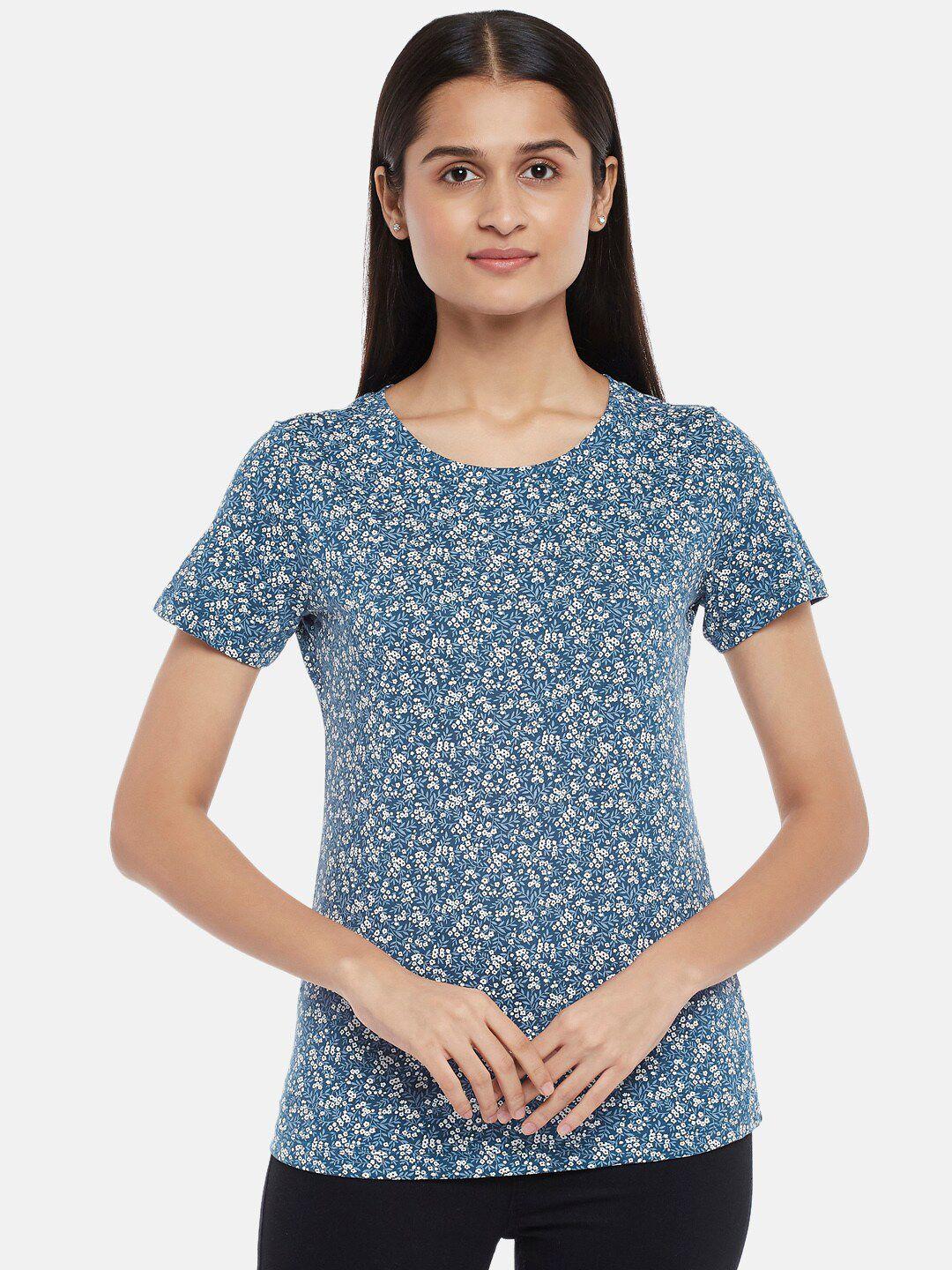 honey by pantaloons women navy blue & majolica blue floral printed raw edge t-shirt