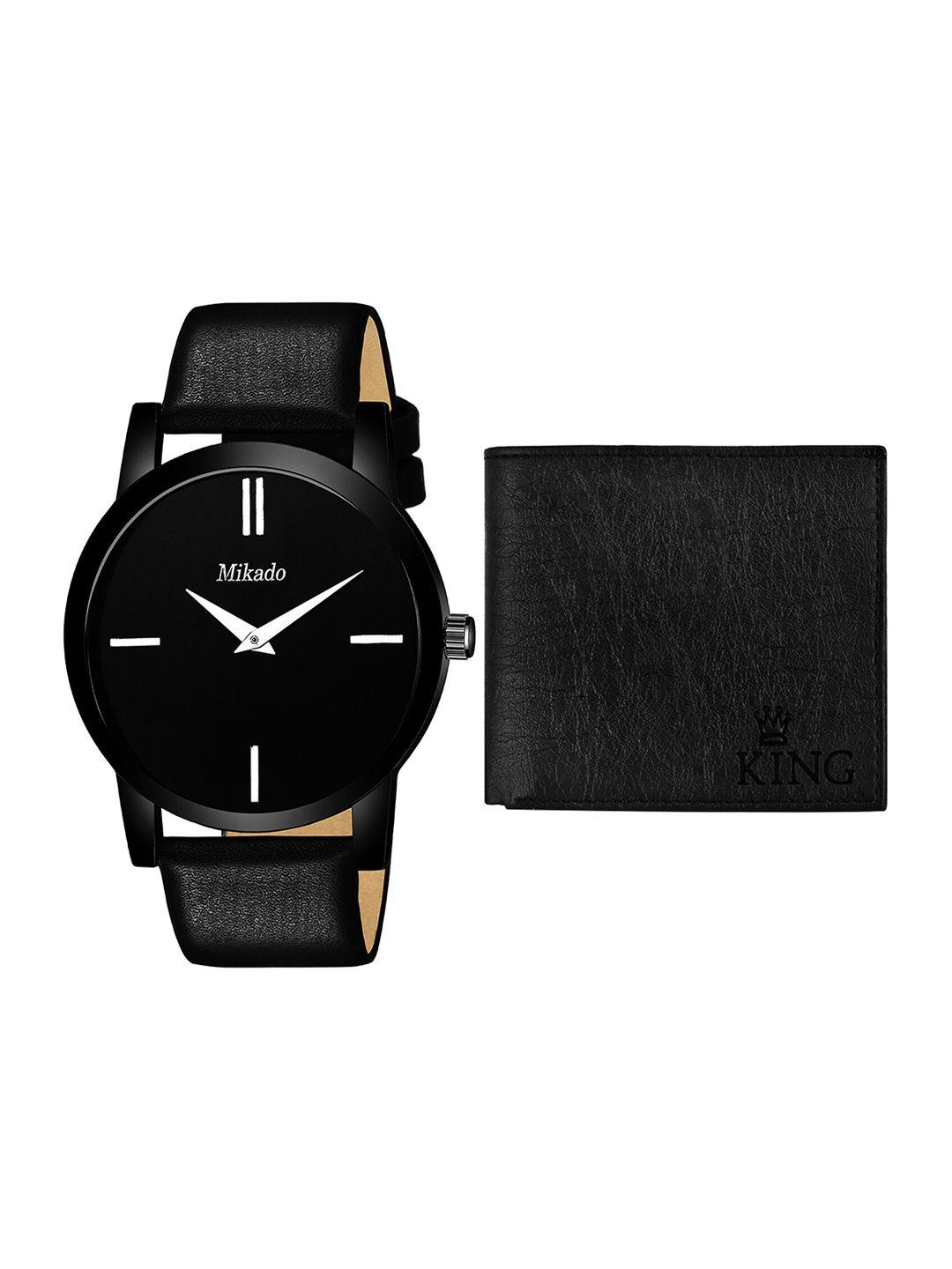 mikado men black brass dial & black leather bracelet style straps analogue watch slimwallet