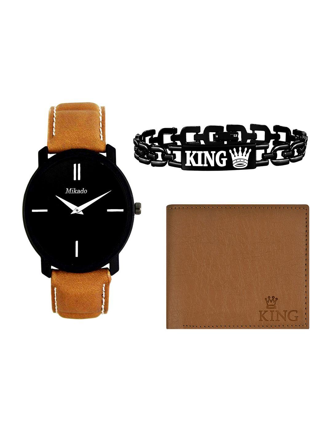 mikado men black brass dial & brown leather bracelet style straps analogue watch brown_collection