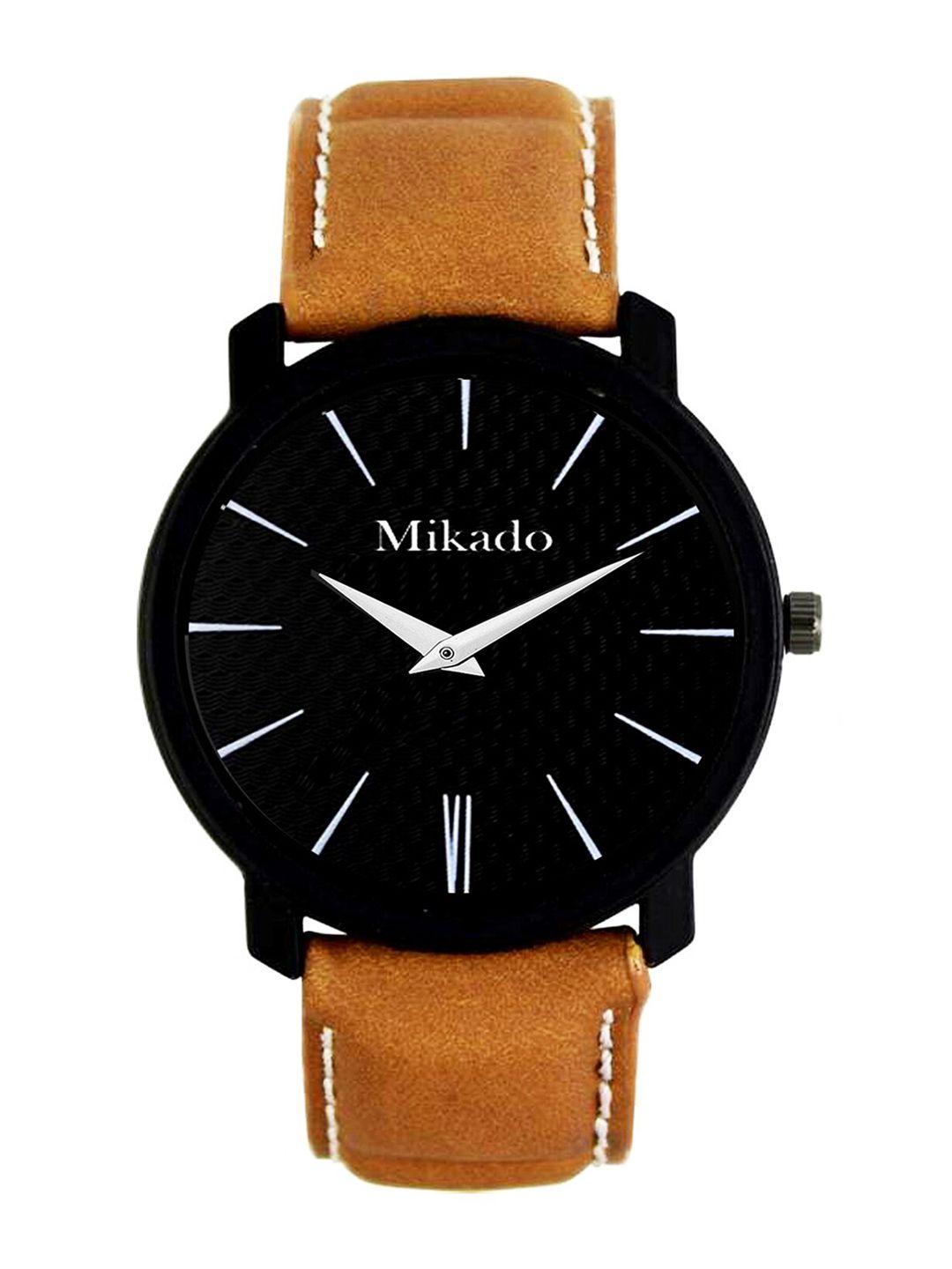 mikado men black brass dial & brown leather straps analogue watch brown_watch