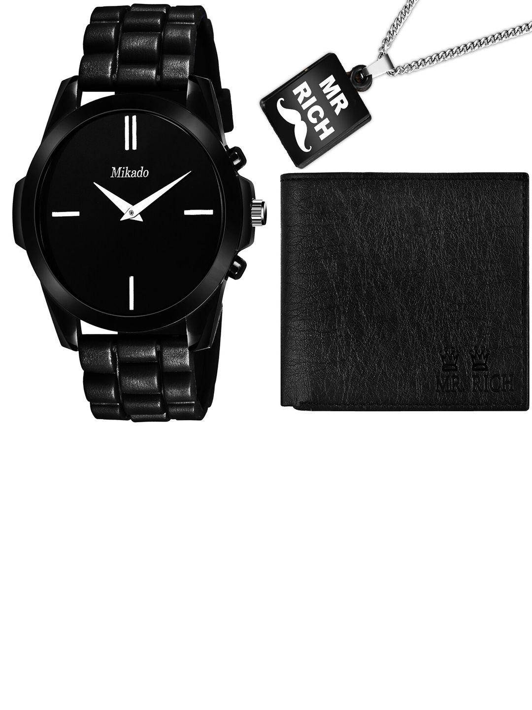 mikado men black brass dial & black bracelet style straps analogue watch black_theme