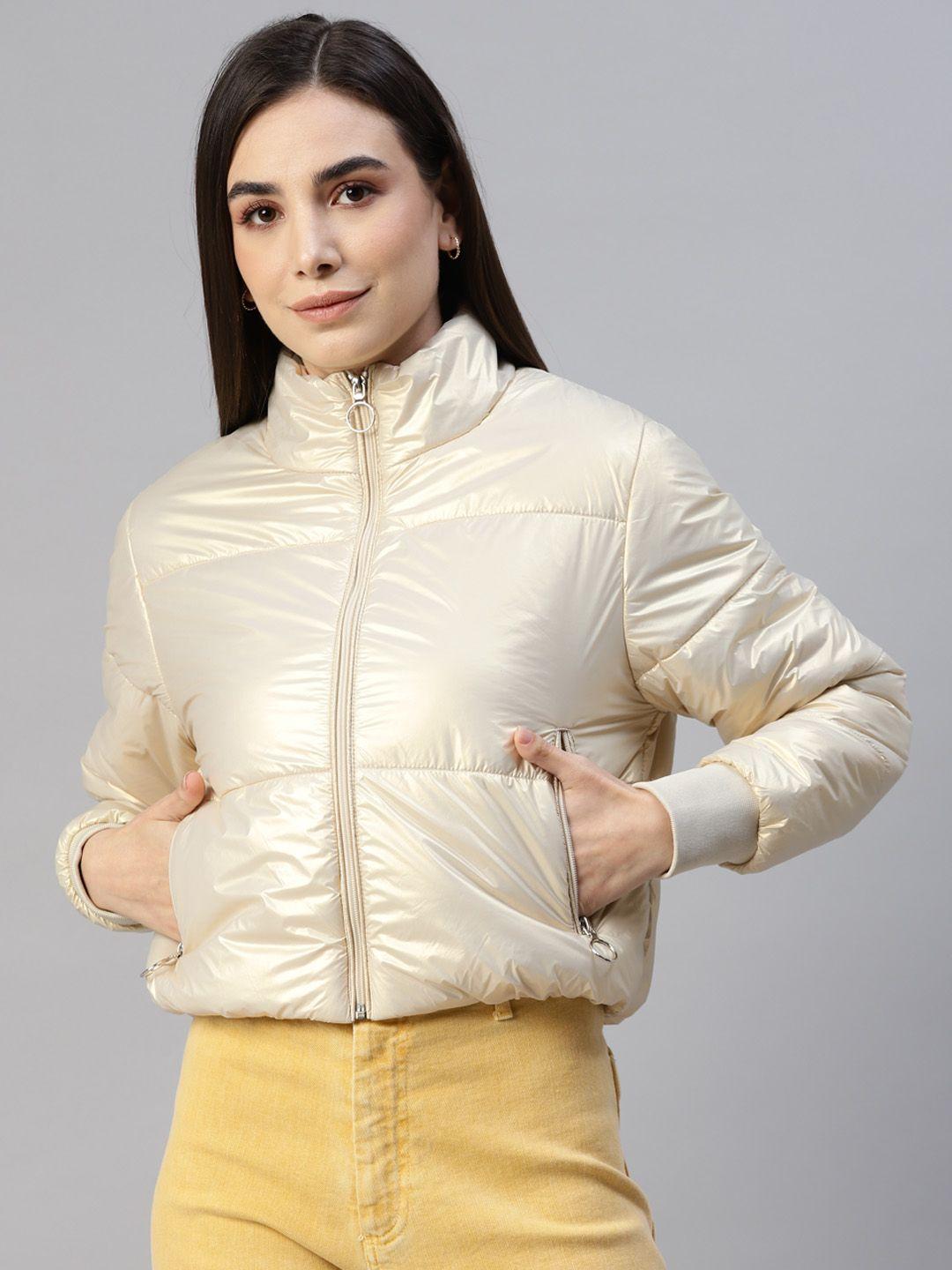 foreign culture by fort collins women cream-coloured solid crop padded jacket