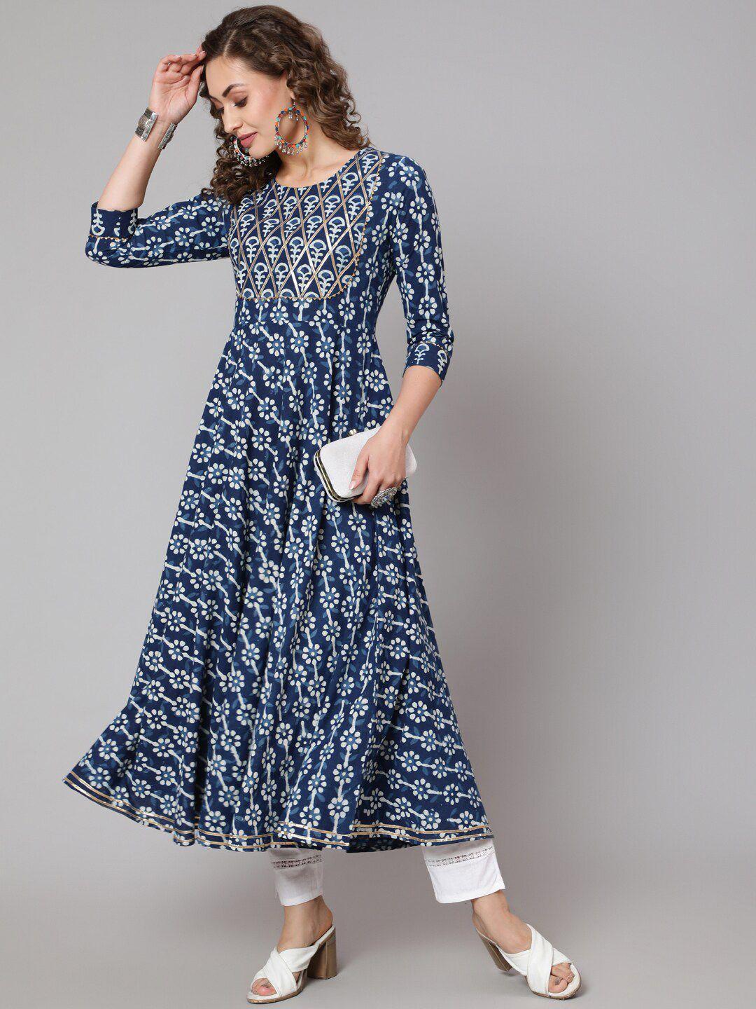 glam roots women blue printed flared sleeves thread work indigo anarkali kurta