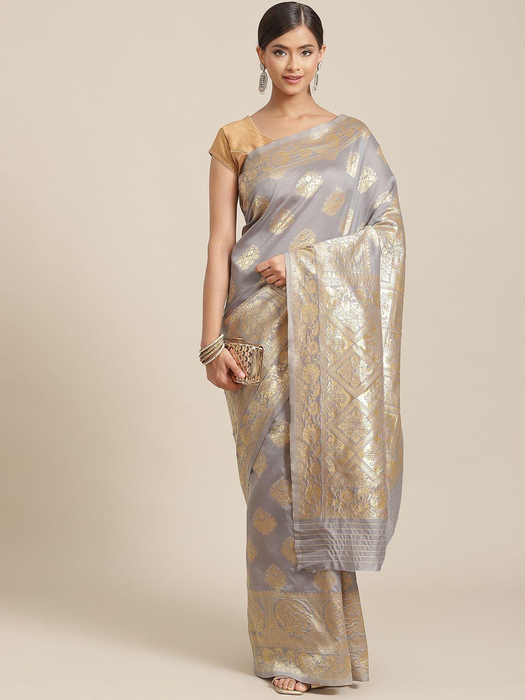 ishin grey & gold-toned ethnic motifs zari art silk banarasi saree