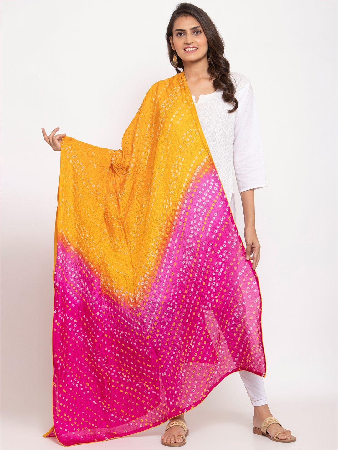 panchhi yellow & pink dyed viscose rayon bandhani dupatta