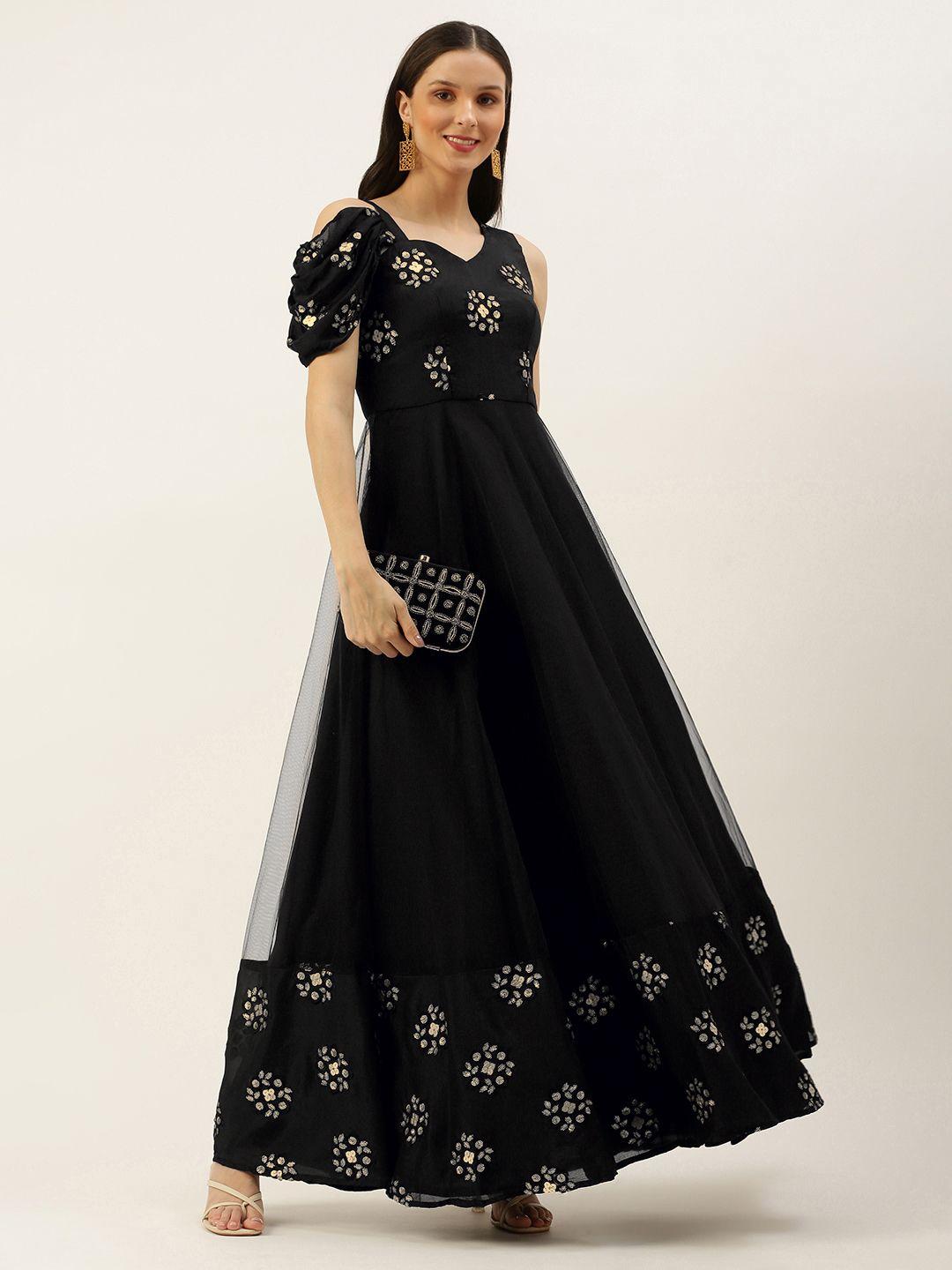 ethnovogue women black made to measure embroidered cold-shoulder gown