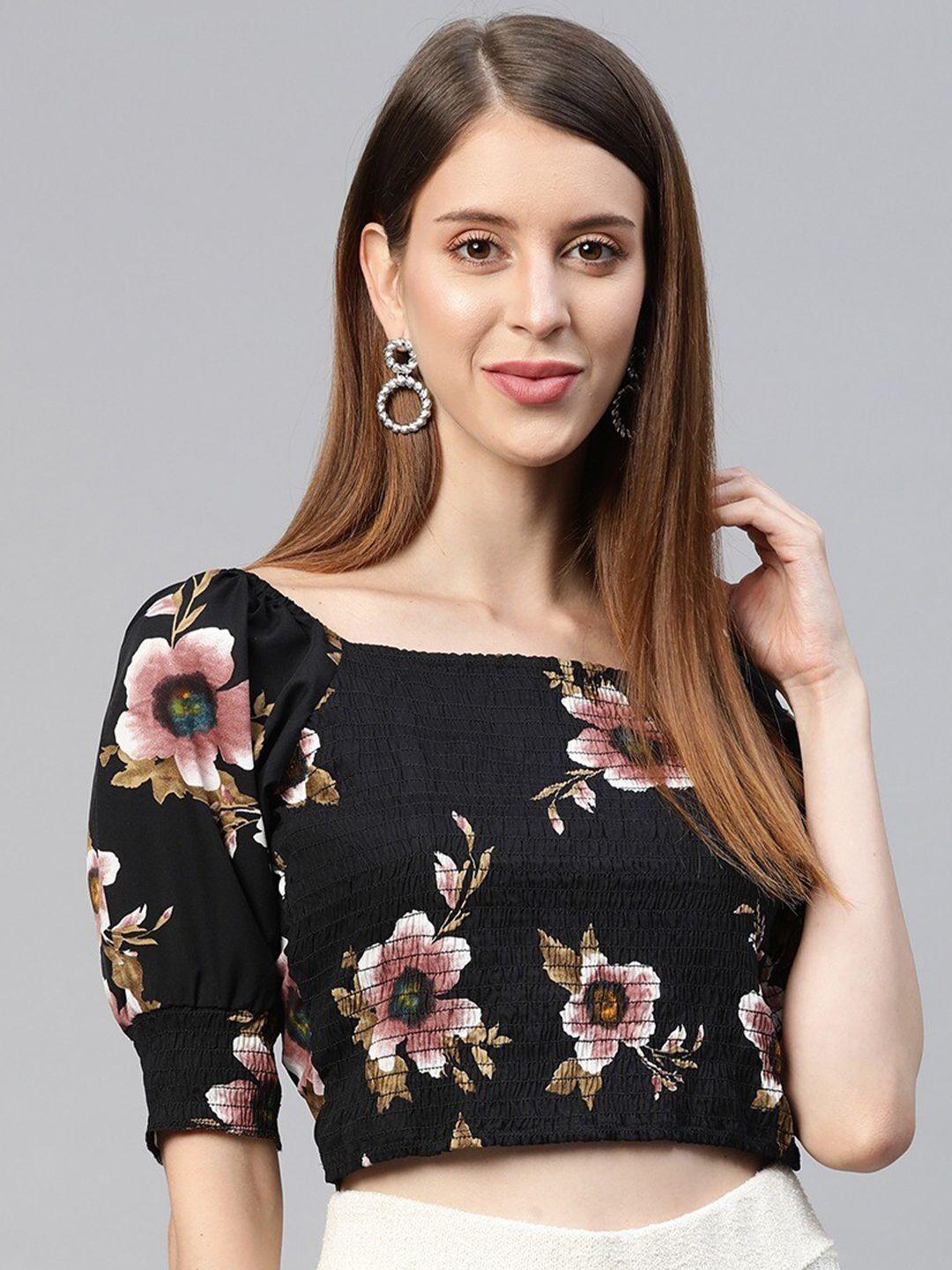 sirikit black floral print smocked crepe crop top