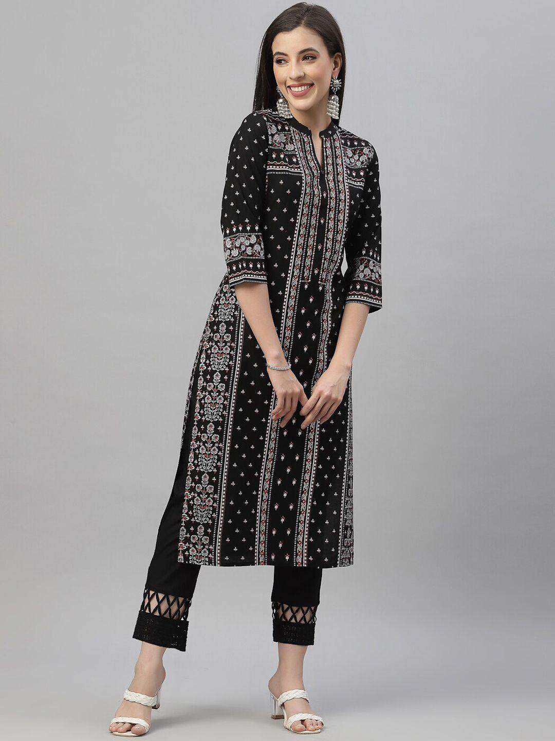 juniper women black geometric printed thread work kurta