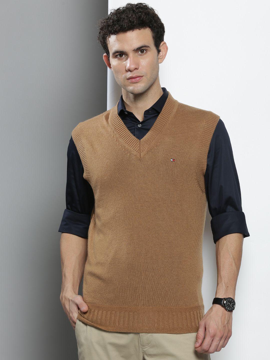 tommy hilfiger men beige solid sweater vest