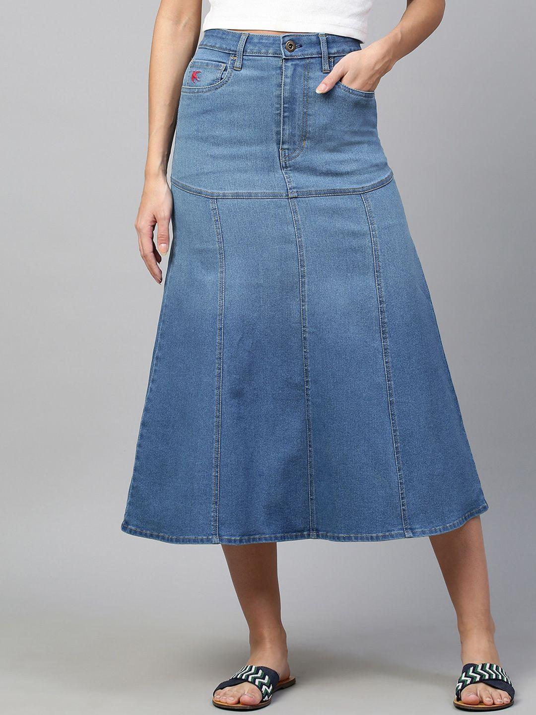 chemistry women blue solid denim flared midi skirts