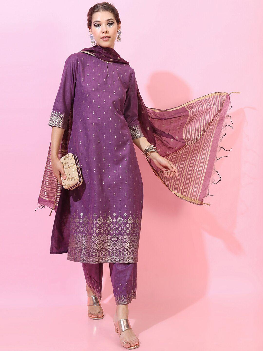 vishudh women purple high slit kurta with trousers & with dupatta