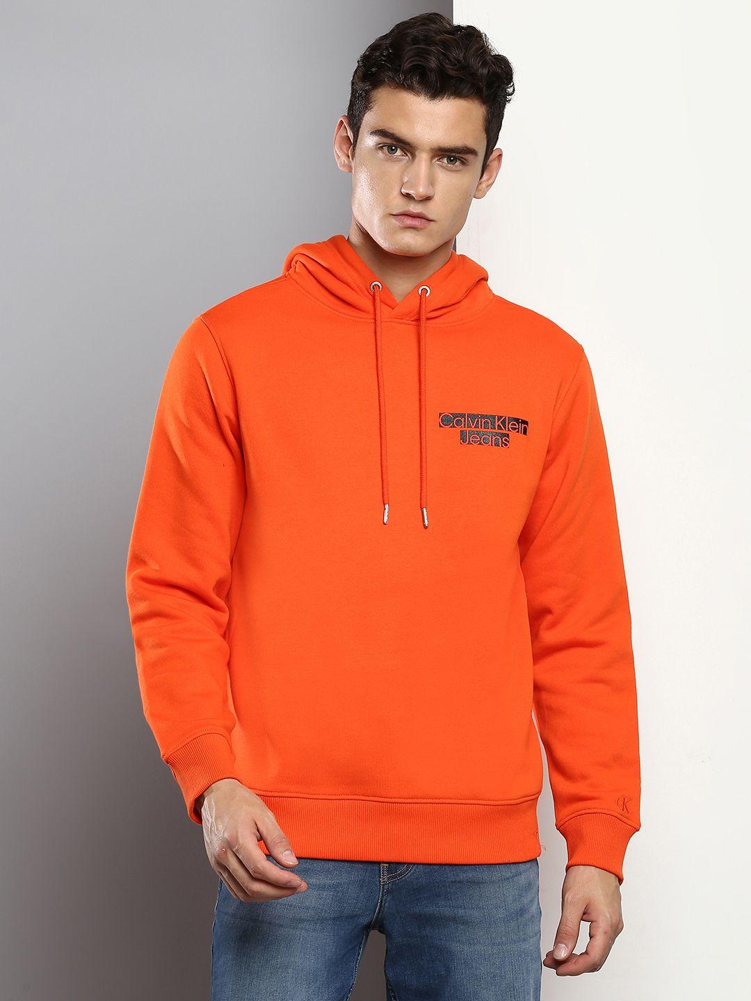 calvin klein jeans men orange brand logo printed hooded sweatshirt