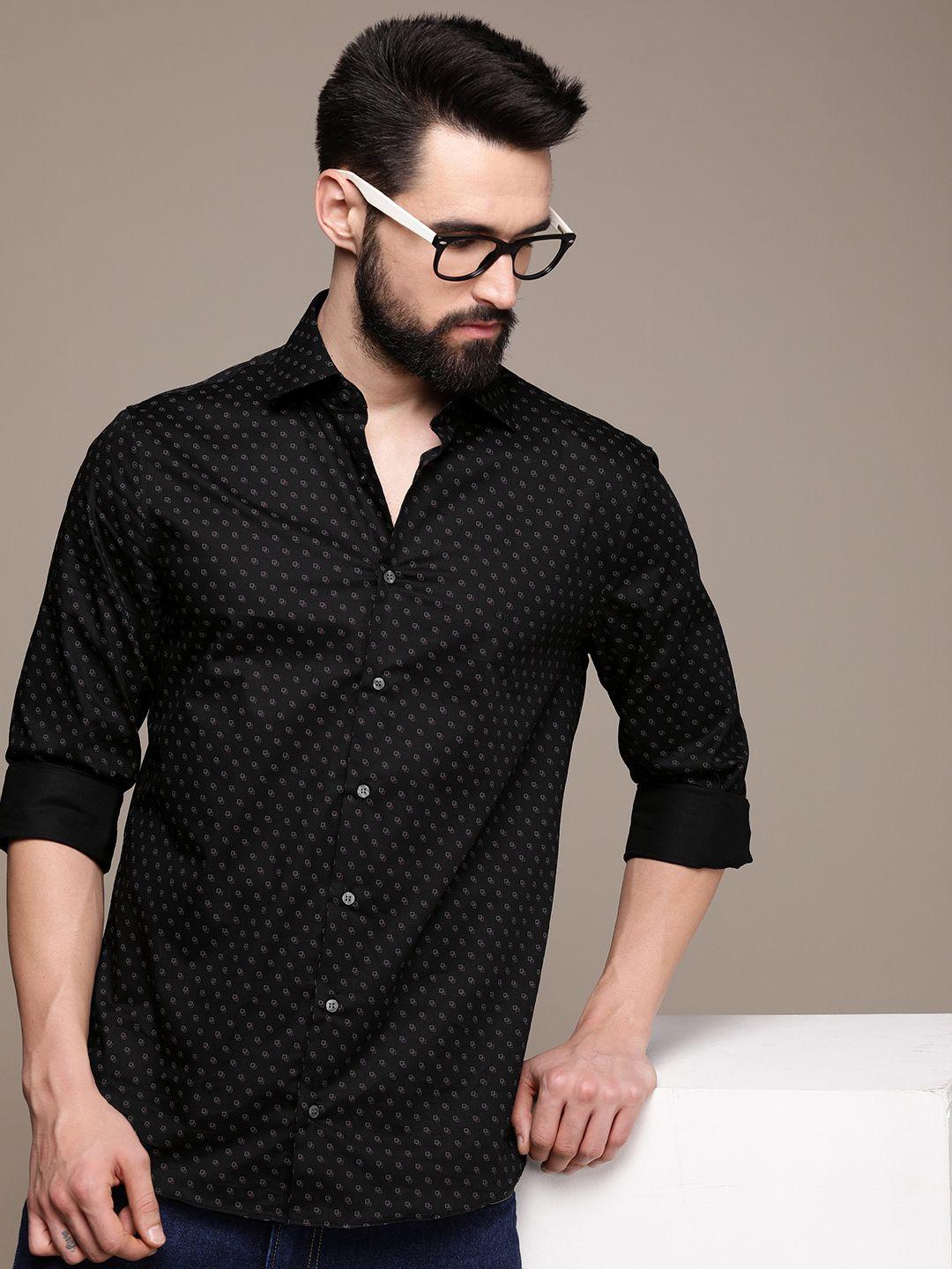 calvin klein jeans men black and white smart skinny fit printed pure cotton casual shirt