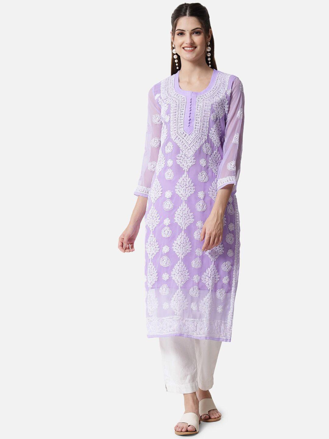 paramount chikan women mauve ethnic motifs embroidered chikankari floral georgette kurta