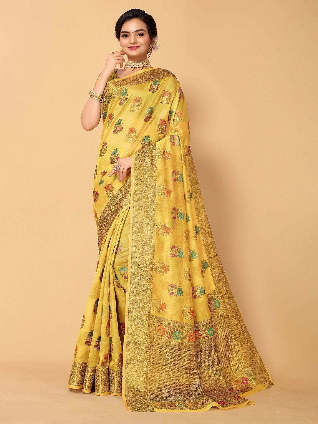 all about you mustard & red woven design zari silk saree