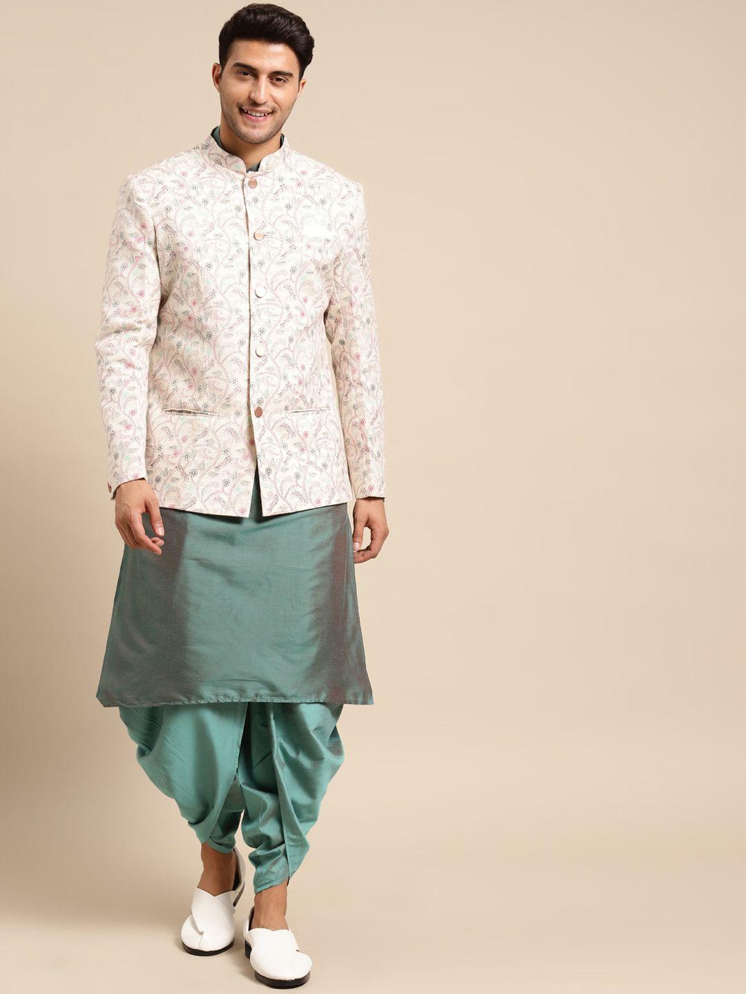 kisah men off white & green printed bandhgala sherwani