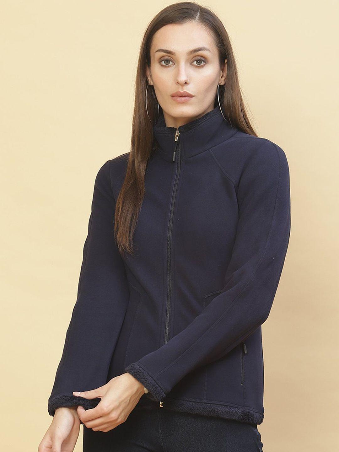 lakshita women blue fleece sporty jacket