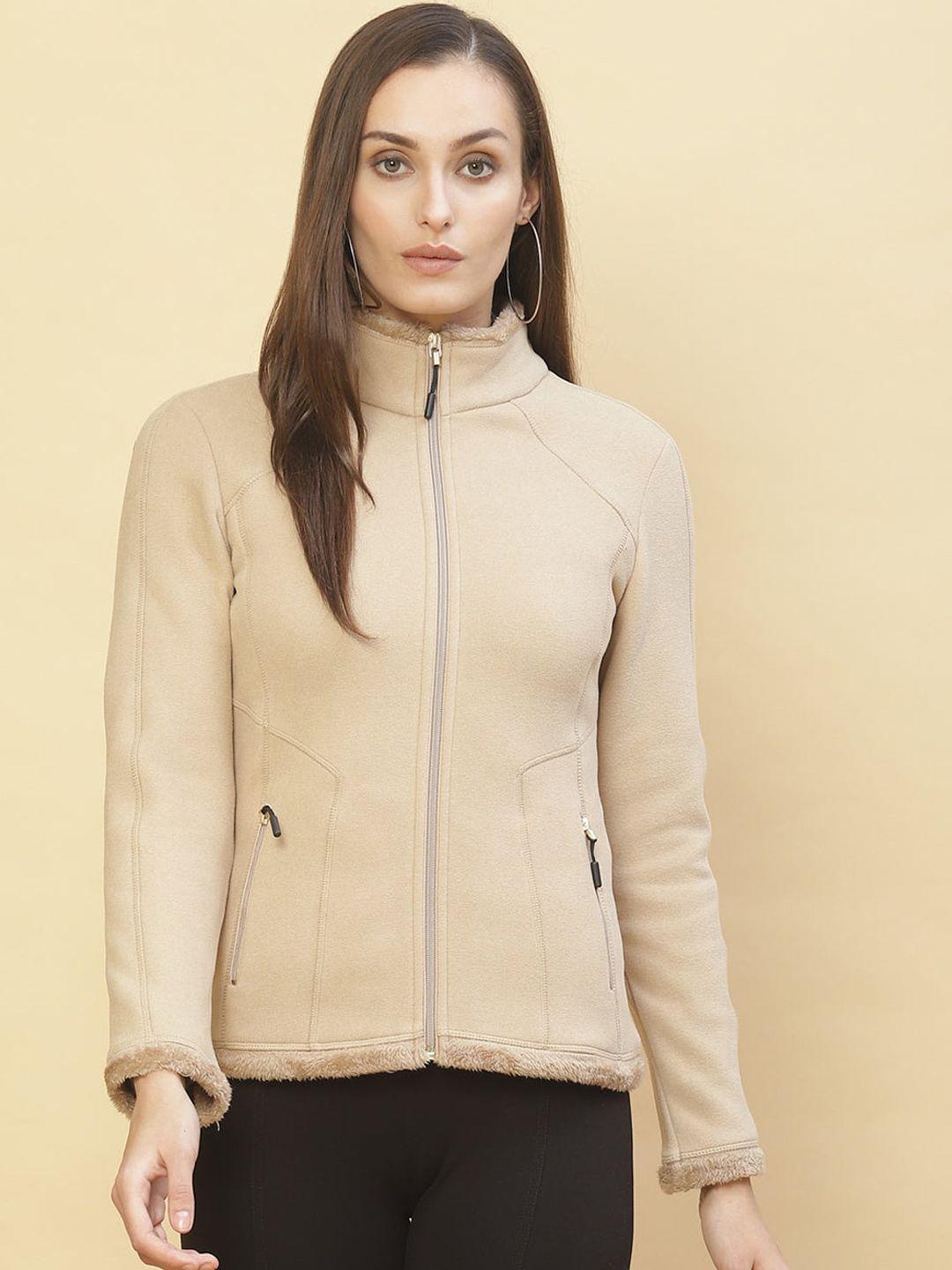 lakshita women beige fleece puffer jacket with embroidered