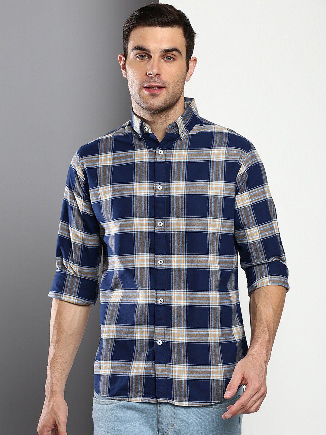 dennis lingo men navy blue slim fit tartan checks checked casual shirt