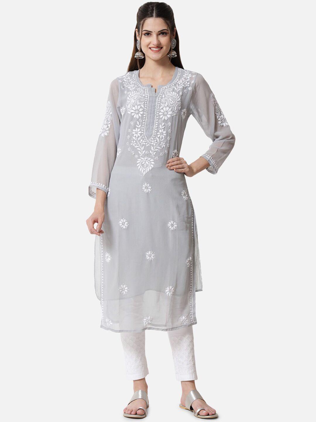 paramount chikan women grey chikankari round neck georgette kurta