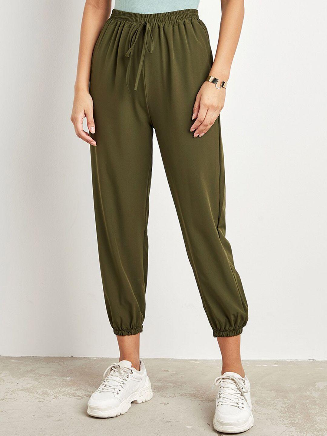 styli women khaki plain trouser with elasticated waistband and drawstring closure