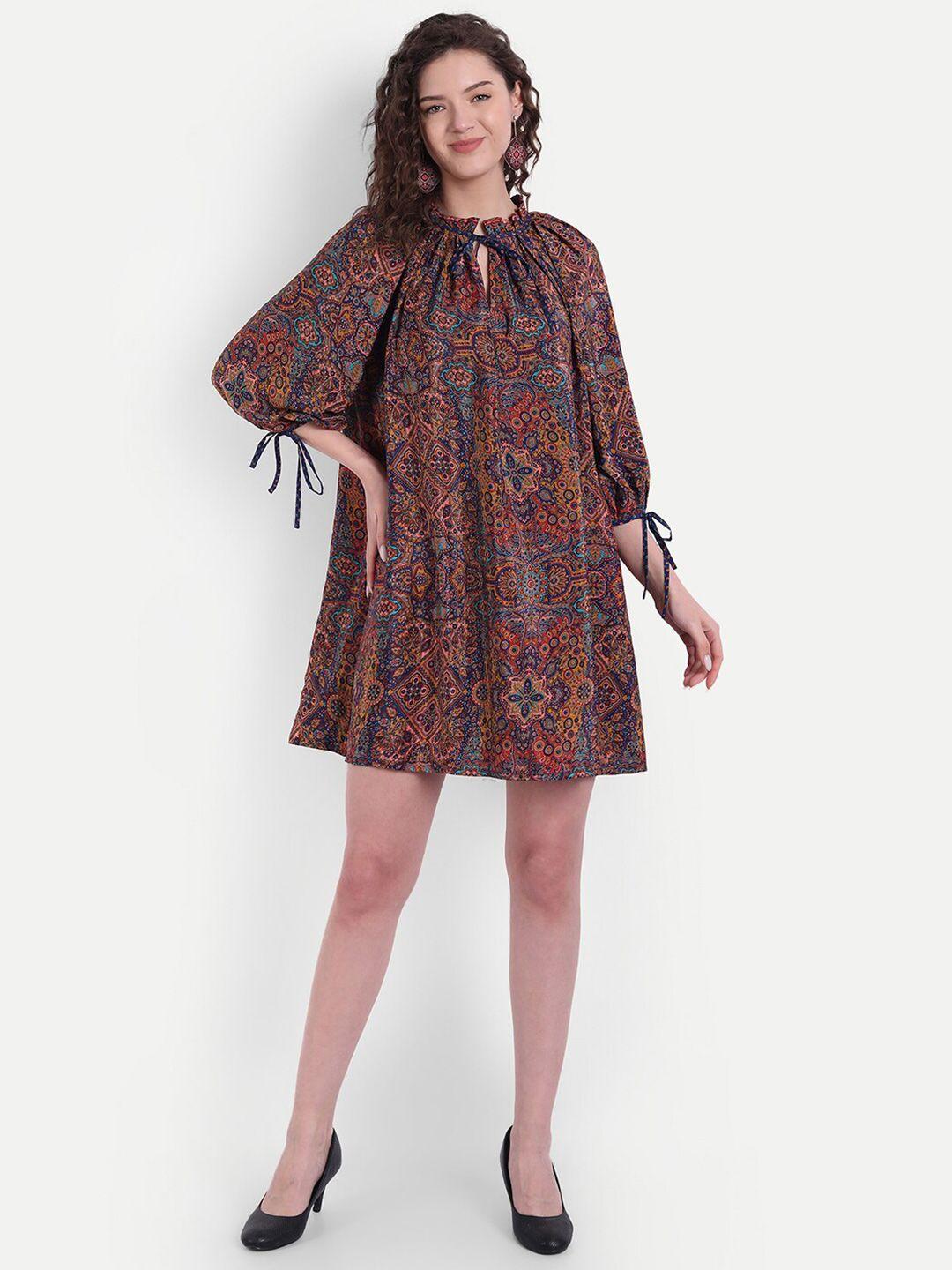 minglay multicoloured ethnic motifs crepe a-line dress