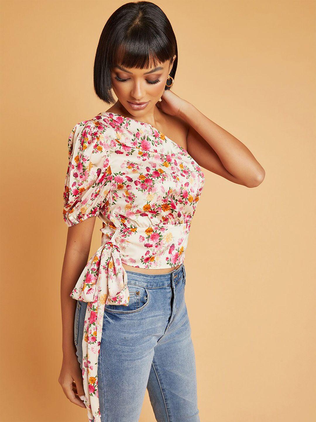 styli white floral print one sleeve crop top