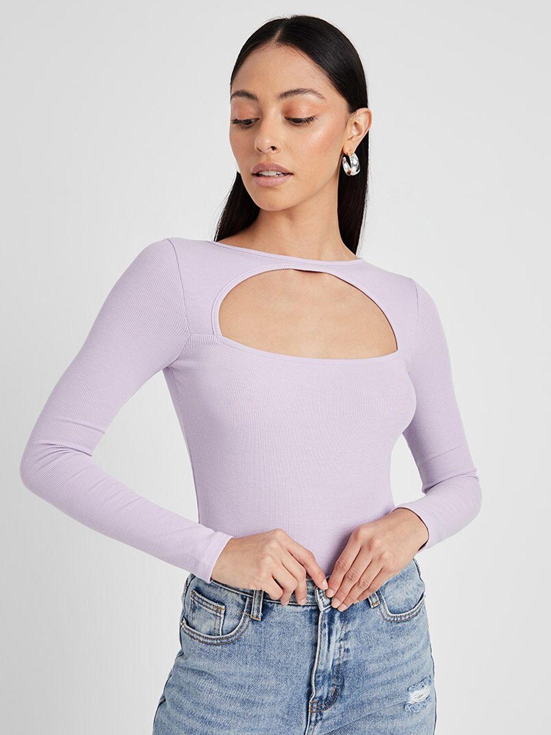 styli lavender long sleeves front cut-out ribbed fitted bodysuit