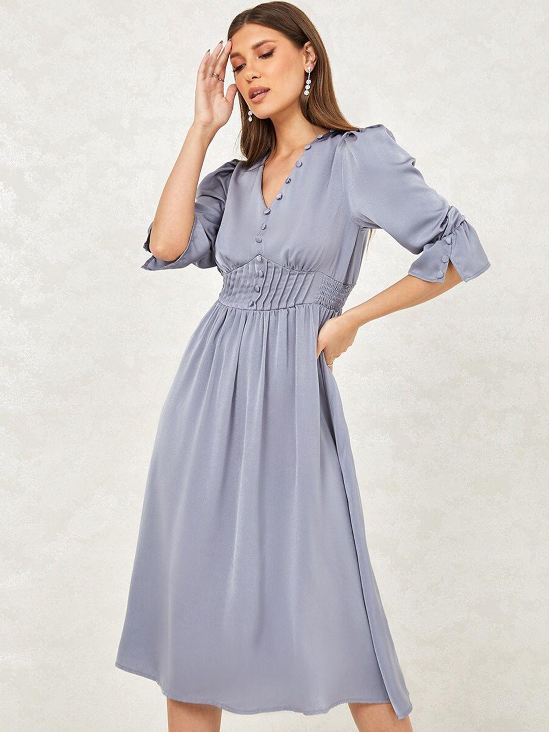 styli grey 3/4 sleeves button detail a-line midi dress