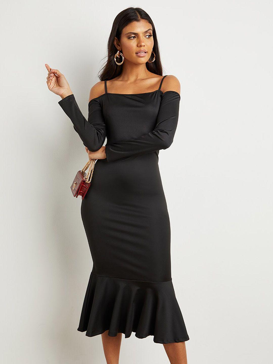 styli cold-shoulder bodycon midi dress with frill hem