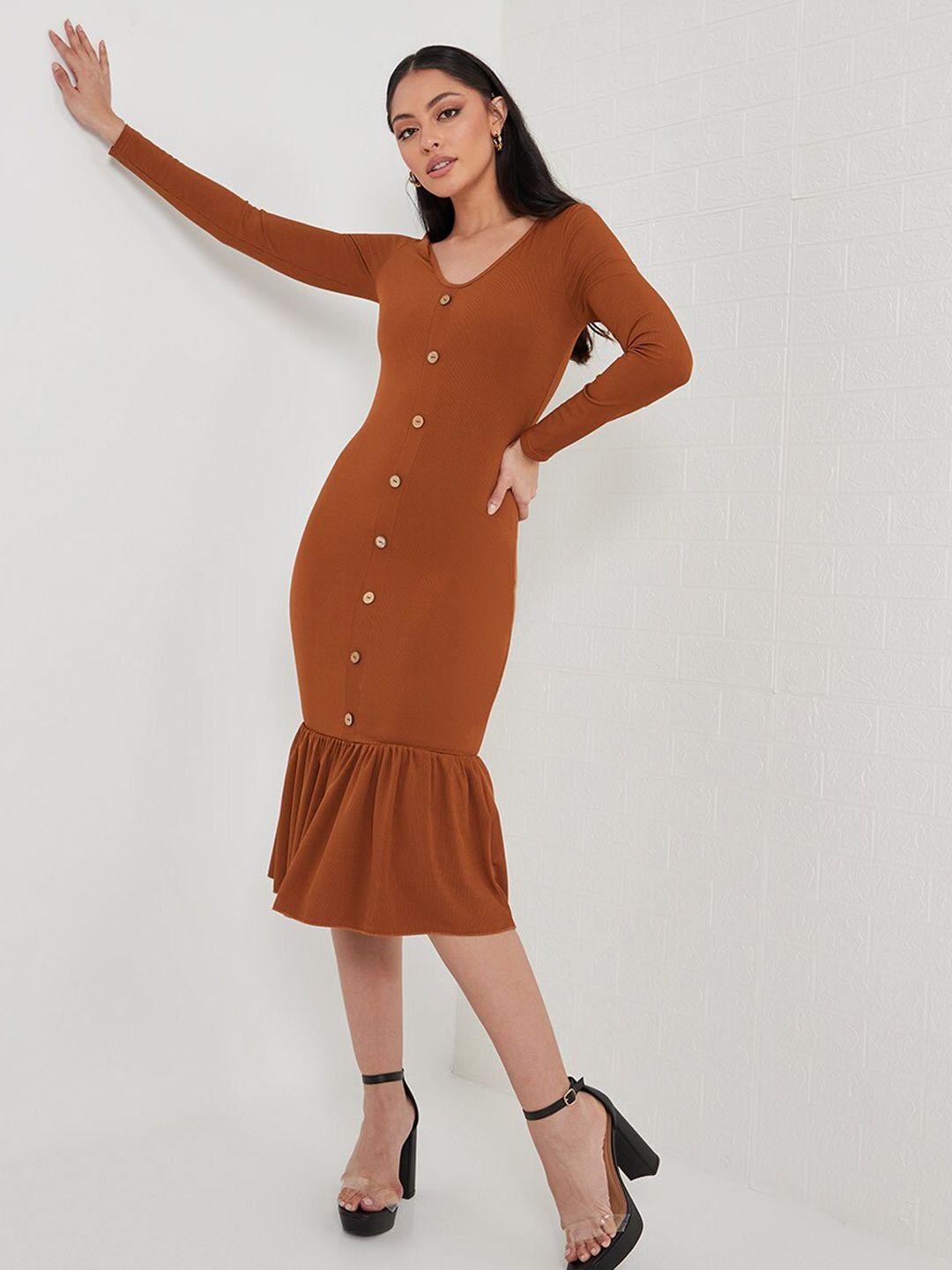 styli brown long sleeves v neck bodycon midi dress with button detail