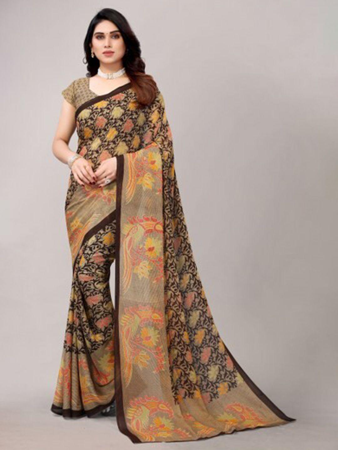 yashika brown & gold-toned floral saree