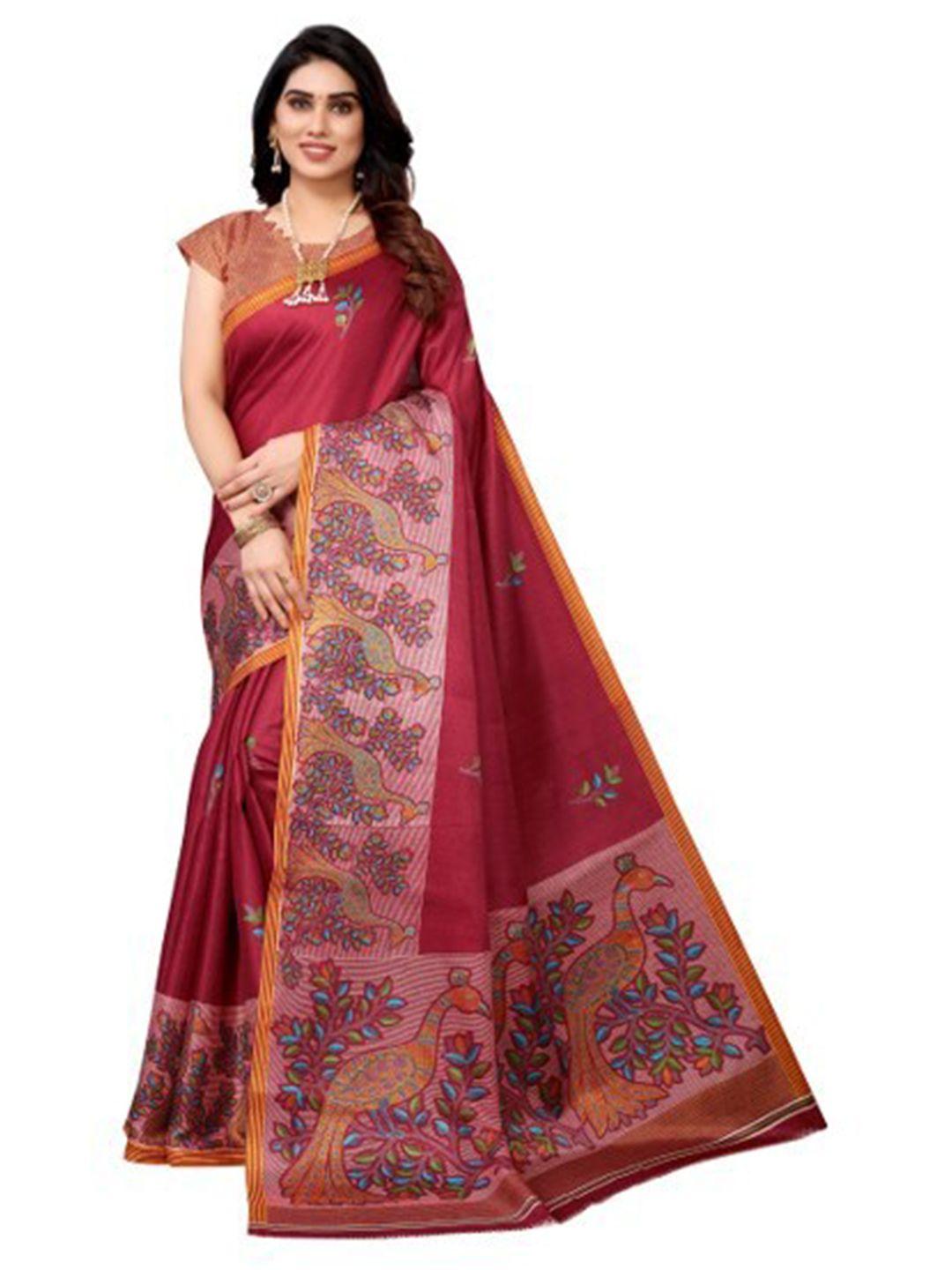 yashika red & orange floral art silk saree