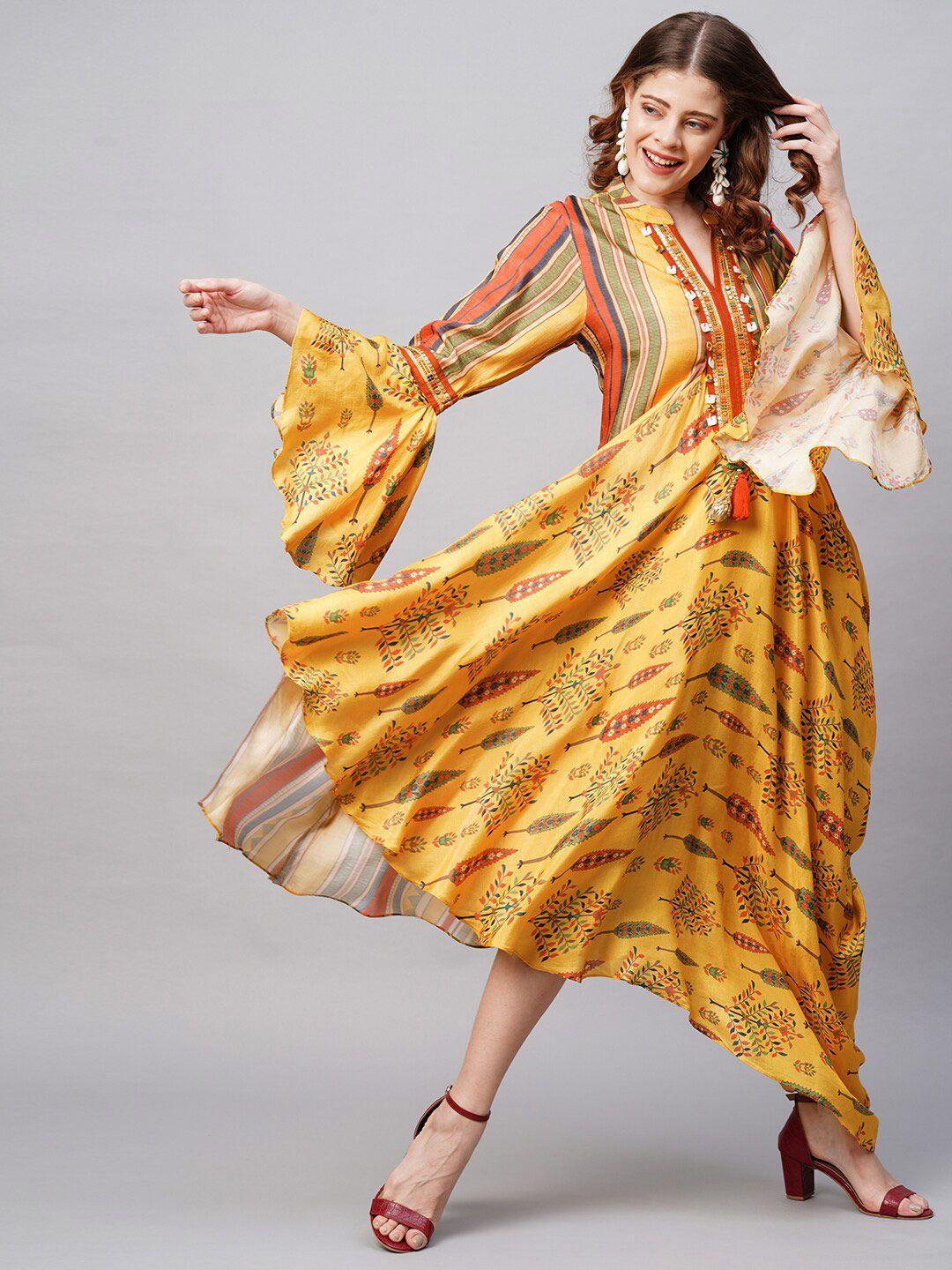 envy me by fashor yellow ethnic motifs a-line midi dress