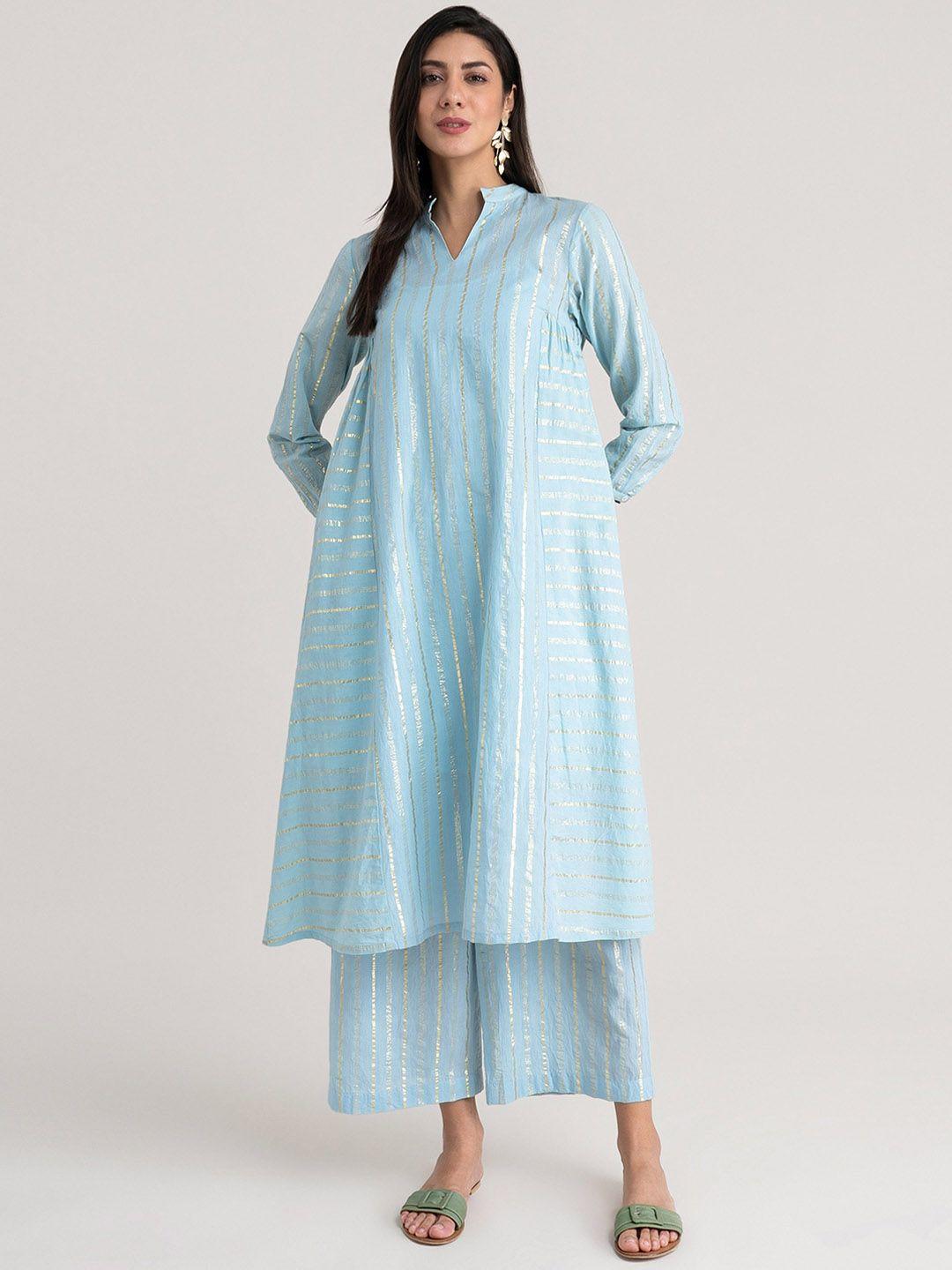 pink fort women blue pleated kurta with palazzos