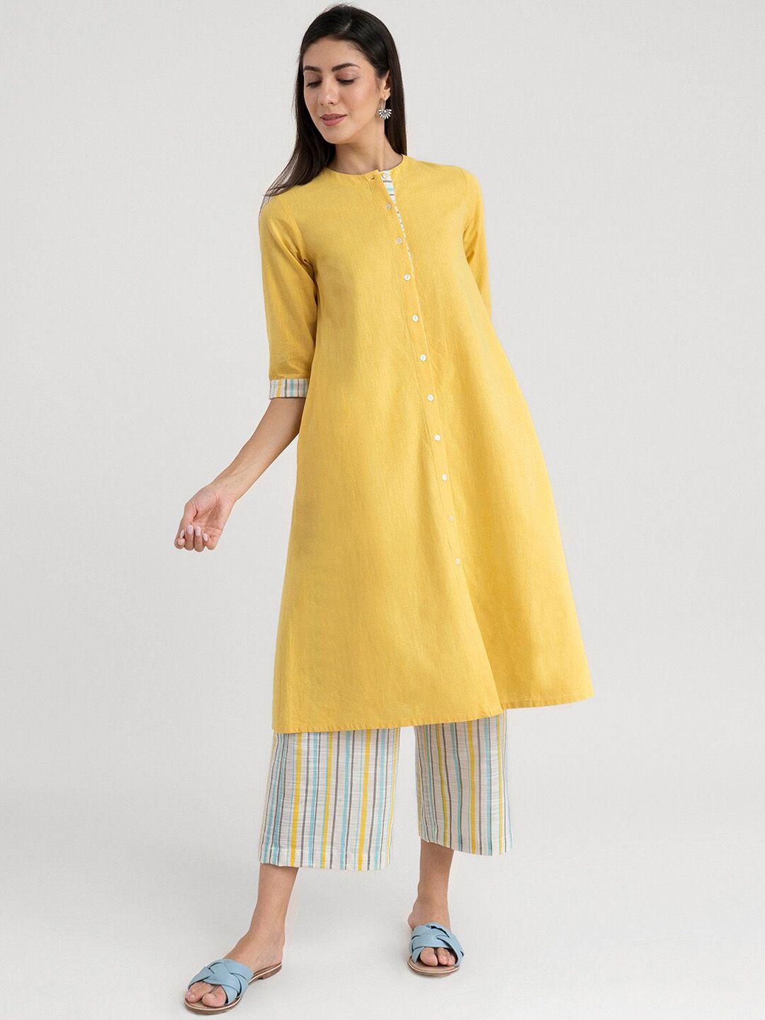 marigold by fablestreet women yellow mirror work khadi kurta