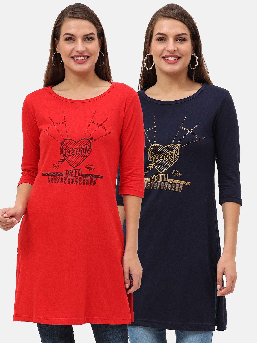 fleximaa red & blue pack of 2 pure cotton typography longline top