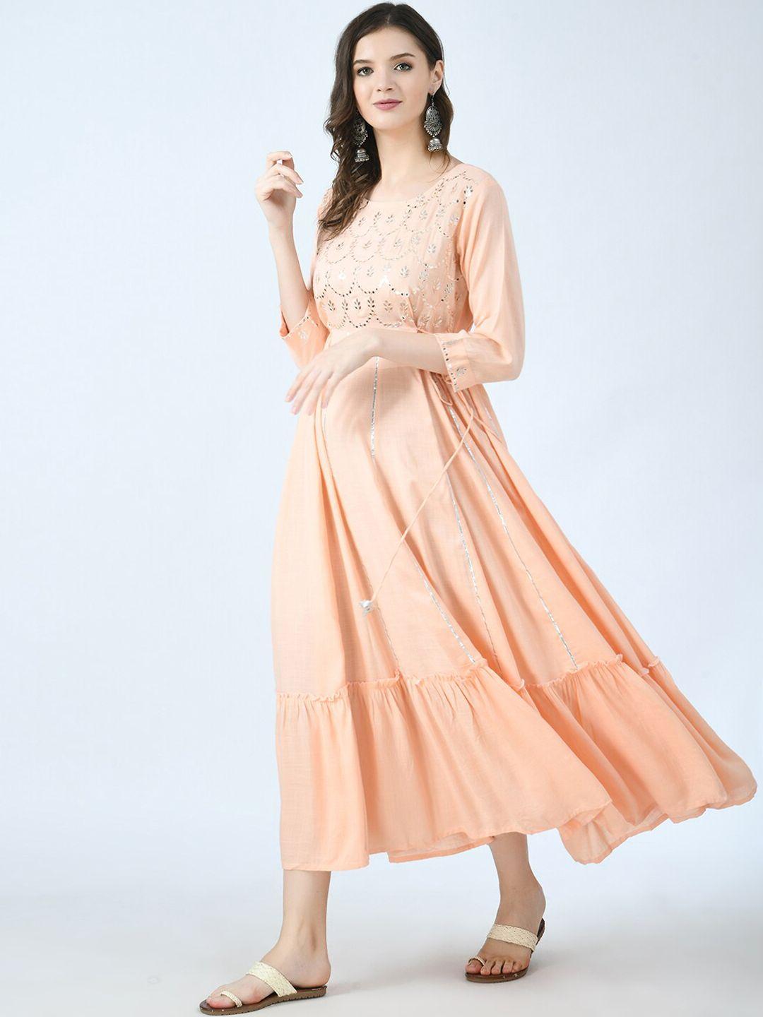 kalini women peach-coloured flared sleeves thread work anarkali kurta