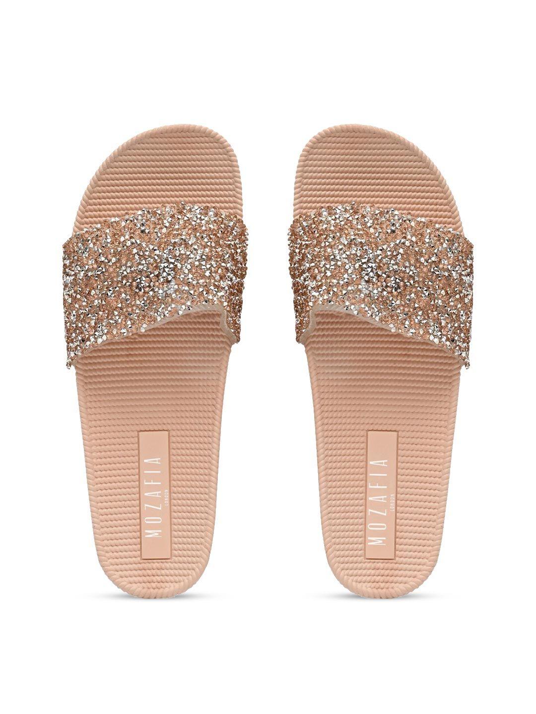 mozafia women pink & silver-toned embellished sliders